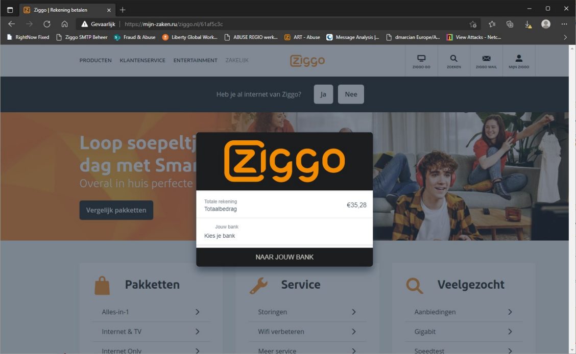 Voorbeeld van phishing - Ziggo.nl <klantcom@mobna.com> Je hebt een Ziggo voucher ontvangen vanwege je vertrouwen in onze. Geniet er nu van Hallo We hebben u willekeurig geselecteerd om deel te nemen aan onze anonieme enquete van 30 seconden over uw winkelervaring bij ons. Aan het einde beloven we je een beloning van minimaal 500 euro, als dank voor je deelname en voor het geven van waardevolle feedback. Bedankt voor je tijd ! Antwoord hier
