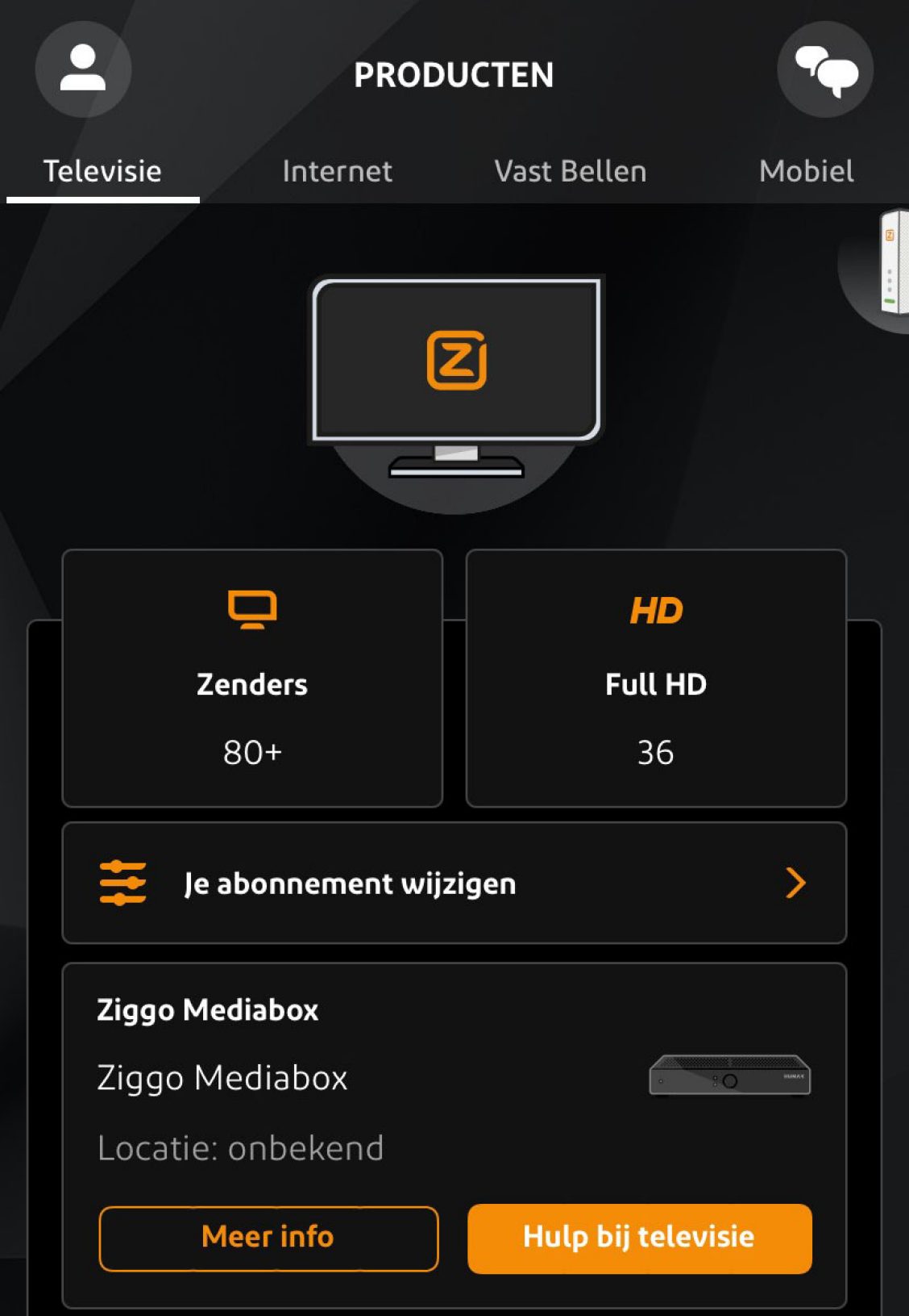 Scherm 'Hulp bij televisie' in de Mijn Ziggo app
