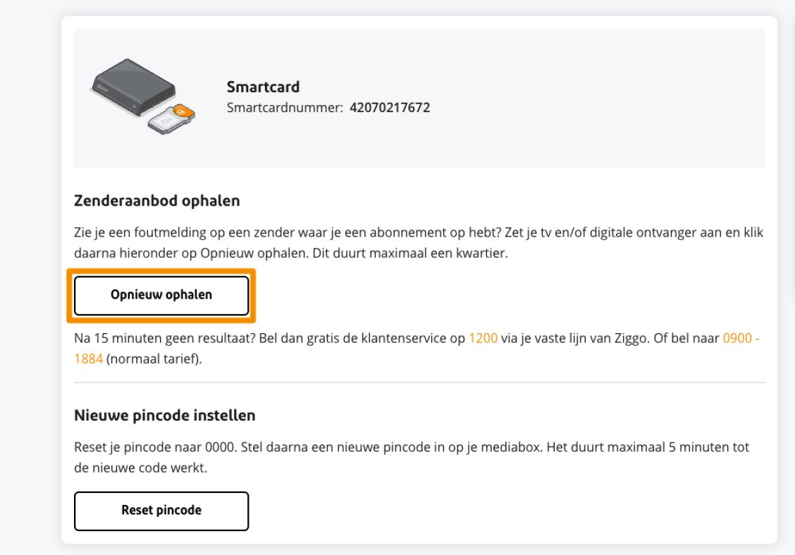 Optie 'Zender ophalen' in Mijn Ziggo