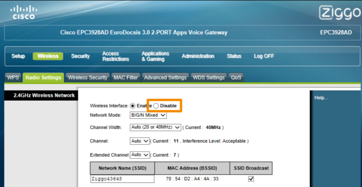 Wifi van je wifimodem uitzetten Klantenservice Ziggo